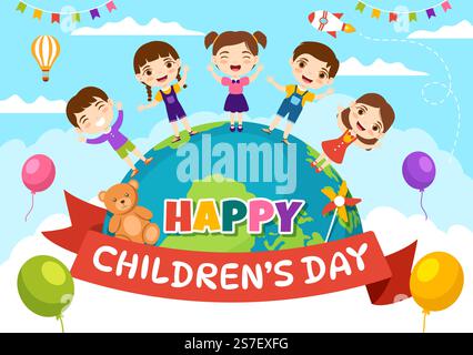 Happy Children Day Vector Illustration with Boy and Girl Kids in Toys on Background Flat Cartoon Hand Drawn for Web Banner or Landing Page Templates Stock Vektor