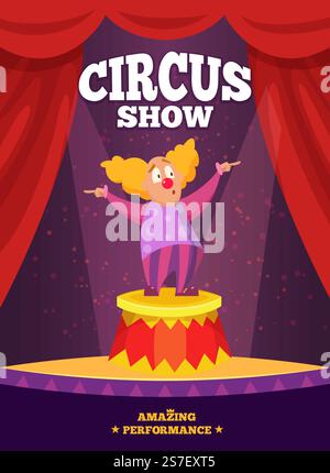 Zirkusshow. Farbiges Unterhaltungsplakat Einladung für Zirkusshow Clown und Platz für persönlichen Text der Unterhaltungsplattform, Zirkusplakat. Vektorabbildung. Zirkusshow. Farbige Unterhaltungsplakette Einladung für Zirkusshow Clown und Platz für persönliche SMS Stock Vektor