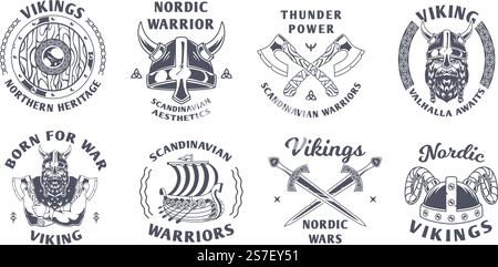 Wikings-Abzeichen. Authentische skandinavische oder nordische Labels mit wikinger Barbaren Maskottchen alten alten alten Waffen Schwert Axt Helm und Horn Vektor-Kampfabzeichen. Abbildung des skandinavischen Emblems. Wikings-Abzeichen. Authentische skandinavische oder nordische Labels mit wikinger Barbaren Maskottchen alten alten alten Waffen Schwert Axt Helm und Horn-Vektor-Kampfabzeichen Stock Vektor