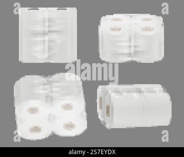 Toilettenpapierpackungen. Realistisches Modell von Papierrollen Set von weichen Hygienetüchern in transparenten Polyethylenpackungen anständige Vektorschablonen. Illustration eines realistischen Hygienepapiers. Toilettenpapierpackungen. Realistisches Modell von Papierrollen Set von weichen Hygienetüchern in transparenten Polyethylenpackungen anständige Vektorschablonen Stock Vektor