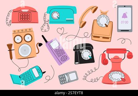 Verschiedene Telefone sind flach. Historisches drahtgebundenes Telefon, alte Kommunikationstechnologie. Isolierte Telefone, Farbanruf Handsets und Handy-anständige Vektor-Retro-Satz der Ausrüstung Telefon Illustration. Verschiedene Telefone sind flach. Historisches drahtgebundenes Telefon, alte Kommunikationstechnologie. Isolierte Telefone, Farbtelefone und Handys mit anständigem Vektor-Retro-Set Stock Vektor