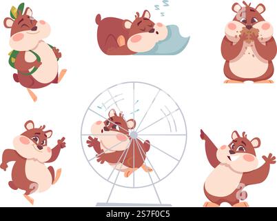 Hamsterfiguren. Lustige häusliche flauschige Tiere in Aktion posiert Haus Swanky Haustiere genaue Vektor Cartoon Hamster des Charakters Nagetier Haustier Illustration. Hamsterfiguren. Lustige häusliche flauschige Tiere in Aktion stellt Zuhause schicke Haustiere exakte Vektor Cartoon Hamster Stock Vektor