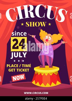 Zirkusplakette. Poster Einladung zur Zirkusunterhaltung Show Clown Charaktere und Platz für Text. Illustration der Einladung des Unterhaltungsposters zum Zirkus. Zirkusplakette. Poster Einladung zur Zirkusunterhaltung Show Clown Charaktere und Platz für Text Stock Vektor