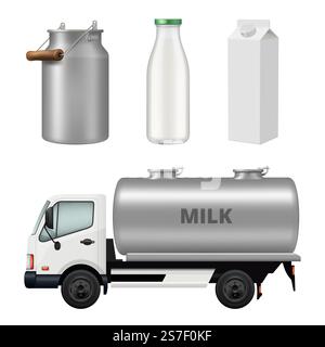 Milchbehälter. Glasflaschen Metalldosen für Milchprodukte aus der landwirtschaftlichen Industrie anständiger Vektor realistische Milchnahrung. Illustration eines Behälters für Milch und Milchprodukte. Milchbehälter. Glasflaschen Metalldosen für Milchprodukte aus der landwirtschaftlichen Industrie anständiger Vektor realistische Milchnahrung Stock Vektor