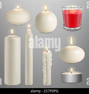 Realistische Paraffinwachskerzen. Duftende Kerze und religiöse Lichter. Leuchtendes gelbes warmes Feuer. 3D-Gedenkkerzenlicht, pithy weihnachtsfeiertag-Vektor-Satz realistischer romantischer Flammenbrand-Illustration. Realistische Paraffinwachskerzen. Duftende Kerze und religiöse Lichter. Leuchtendes gelbes warmes Feuer. 3d Gedenkkerzenlicht, pithy weihnachten Feiertag Element Vektor Set Stock Vektor