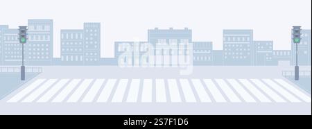 Leere Straße, moderne Stadt. Städtische Fußgängerzone, grüne Ampel und Gebäudepanorama. Verkehrsstraße, Sicherheit Menschen in der Stadt Vektor Konzept der leeren Straße Stadt Crosswalk Illustration. Leere Straße, moderne Stadt. Städtische Fußgängerzone, grüne Ampel und Gebäudepanorama. Verkehrsstraße, Sicherheitsleute im Stadtvektorkonzept Stock Vektor