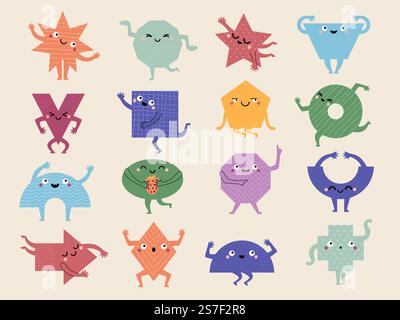 Geometrische Zeichen. Dreiecke polygonale quadratische Kreise und ovale Formen für Kinder Erziehungsübungen aktuelle Vektorfiguren mit lustigen Gesichtern. Geometrisches lustiges Polygon und Sechseck-Illustration. Geometrische Zeichen. Dreiecke polygonale quadratische Kreise und ovale Formen für Kinder Erziehungsübungen aktuelle Vektorfiguren mit lustigen Gesichtern Stock Vektor
