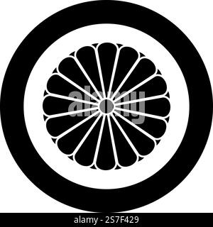 Wappen Japans nippon imperiales Siegel zentrale Scheibe mit 16 Blütenblättern nationales Emblem Icon im Kreis rund schwarz Farbe Vektor Illustration Bild einfarbig Umriss Stil einfach. Wappen Japans nippon imperiales Siegel zentrale Scheibe mit 16 Blütenblättern nationales Emblem Icon im Kreis rund schwarz Farbe Vektor Illustration Bild einfarbig Umriss Stil Stock Vektor
