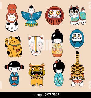 Japanisches Spielzeug. Asiatische Kultur authentische Souvenirs und Spielzeug für Kinder Daruma maneki Katze kokeshi Puppen Origami und Masken Vektor Zeichentrickvorlage von japanischem traditionellem Spielzeug, asiatische Kultur Illustration. Japanisches Spielzeug. Asiatische Kultur authentische Souvenirs und Spielzeug für Kinder Daruma maneki Katze kokeshi Puppen Origami und Masken aktuelle Vektor-Zeichentrickvorlage Stock Vektor