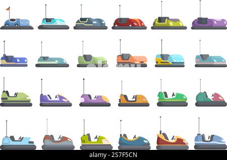 Autoscooter Attraktion Icons setzen Zeichentrickvektor. Parkspiel. Autokinder. Autoscooter Attraktion Icons setzen Zeichentrickvektor. Parkspiel Stock Vektor