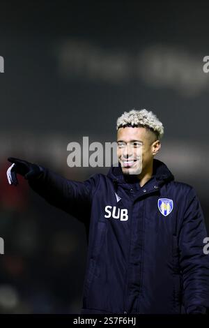 Lyle Taylor von Colchester United feiert am Samstag, den 18. Januar 2025, das Spiel zwischen Bromley und Colchester United in Hayes Lane in Bromley. (Foto: Tom West | MI News) Stockfoto