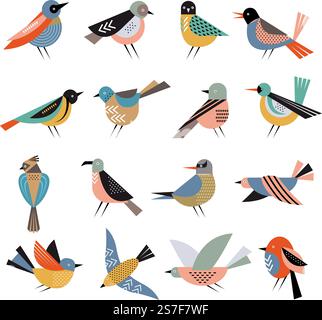 Geometrische Vögel. Abstrakte stilisierte Formen der Freiheit fliegender Vogel in verschiedenen Aktionen stellt aktuelle Vektorillustrationen geometrischer Grafik stilisiert. Geometrische Vögel. Abstrakte stilisierte Formen der Freiheit fliegender Vogel in verschiedenen Aktionen stellt aktuelle Vektorillustrationen Stock Vektor