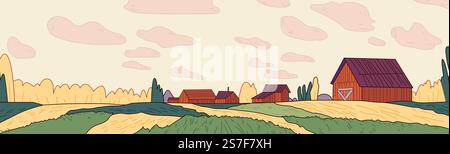 Bauernlandschaft mit Scheunen und Feldern unter bewölktem Himmel mit grünen und gelben Pflanzen, rustikaler Landschaft digitaler Kunst Stock Vektor