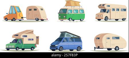 Campingwagen. Vintage Caravan Fahrzeuge für Outdoor Camp Reisen Road Urlaub glückliche Tourismus Symbole exakte Vektor Cartoon Bilder. Abbildung: Reisefahrzeug im Freien. Campingwagen. Vintage Caravan Fahrzeuge für Outdoor Camp Reisen Road Urlaub glückliche Tourismus Symbole exakte Vektor Cartoon Bilder Stock Vektor