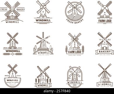 Windmühle-Abzeichen. Natur Logo Vorlagen mit Windmühle Bilder Bauernhof ländlichen Symbole neue Vektorillustrationen von Windmühle Farm Vorlage Emblem, Landwirtschaft Abzeichen. Windmühle-Abzeichen. Natur-Logo-Vorlagen mit Windmühle-Bildern Bauernhof ländliche Symbole aktuelle Vektorabbildungen Stock Vektor
