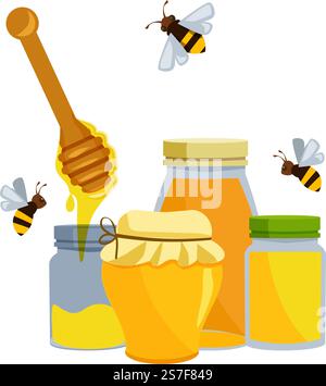 Honiggläser. Gesunde Naturstoffe Honigbiene in transparenten Glasbehältern. Vektorhintergrund. Illustration des gesunden Honigs im Glas. Honiggläser. Gesunde Naturstoffe Honigbiene in transparenten Glasbehältern. Vektorhintergrund Stock Vektor