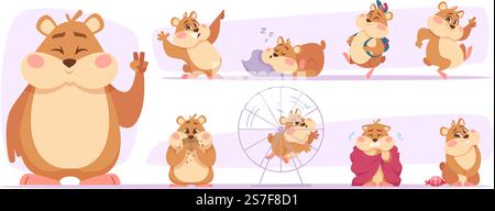 Flauschige Hamster. Haustiere schlafen und essen exakte Vektorhamster in Zeichentrickstil von Nagetier flauschig, Hamster Säugetier Illustration. Flauschige Hamster. Haustiere schlafen und essen exakte Vektorhamster im Cartoon-Stil Stock Vektor