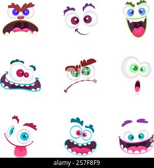 Monster Gesichter. Verrückter Avatar lustige Charakteremoticons mit Augen und zahnigen Mündern Zeichentrickmonster Gesicht Sammlung seltsamer und bizarrer lächelnder Vektor-Illustration. Monster Gesichter. Verrückte Avatar lustige Charakteremoticons mit Augen und zahnlosen Mündern Cartoon Monster Face Collection Stock Vektor