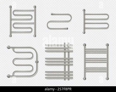 Handtuchheizungen. Stahl elektrische Kleiderbügel aus Stahlrohren Duschzubehör anständige Vektor Modell Set von Badezimmer Kleiderbügel und Heizung, Metalltrockner für Handtuch Illustration. Handtuchheizungen. Stahl elektrische Aufhänger von Stahlrohren Duschzubehör anständige Vektor-Modell-Set Stock Vektor