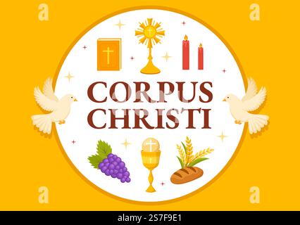 Korpus Christi katholische Vektorbilder mit Festtag, Kreuz, Brot und Trauben in flachen, handgezeichneten Postervorlagen Stock Vektor