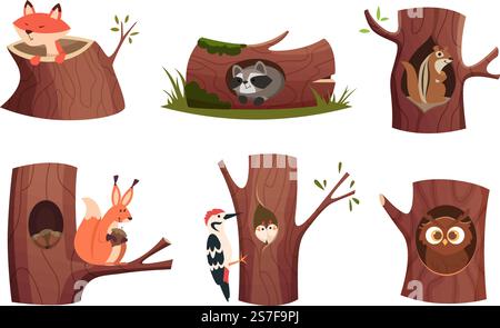 Tiere in Baumlöchern. Wilde Holztiere, die im Wald leben gemütliche Hohlhäuser für Ruhezeit exakte Vektorfiguren Karikaturbilder. Abbildung eines Baumhauses, Haus mit Loch. Tiere in Baumlöchern. Wilde Holztiere, die im Wald leben gemütliche Hohlhäuser für Ruhezeit exakte Vektorfiguren Karikaturbilder Stock Vektor