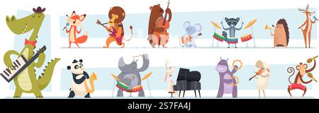 Tiermusiker. Wilde Zoofiguren spielen Musikinstrumente exakte Vektor-Cartoon-Illustrationen von Tieren auf Konzert. Charakter aus Zoo Paly Musik mit Instrument. Tiermusiker. Wilde Zoofiguren spielen Musikinstrumente exakte Vektor-Cartoon-Illustrationen von Tieren auf Konzert Stock Vektor