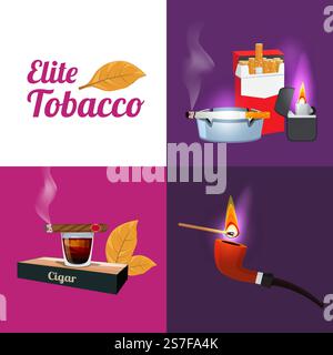 Elite Tobacco. Rauchen Zigaretten und Pfeifen Vektor Sammlung Set. Illustration von Tabak und Zigarette, Zigarre und Pfeife. Elite Tobacco. Rauchen Zigaretten und Pfeifen Vektor Sammlung Set Stock Vektor