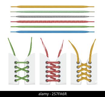 Textilschnürsenkel. Bunte Sammlung von modischen Schnürsenkeln Seile anständige Vektorbilder Satz Spitze Textil Schnürsenkel Sammlung, Schuhe Set Illustration. Textilschnürsenkel. Bunte Sammlung von modischen Schnürsenkeln Seile anständige Vektor Bilder Set Stock Vektor