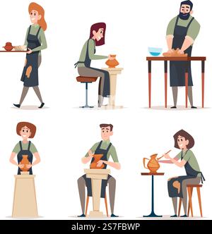 Tonutensilien. Teller Schüsseln Vasen Schüsseln Schalen aus Ton genaue Vektor Zeichentrickvorlagen Utensilien für Küche. Leute machen Vasen- und Tellerillustration. Tonutensilien. Teller Schüsseln Vasen Schüsseln Schalen aus Ton genaue Vektor Zeichentrickvorlagen Utensilien für Küche Stock Vektor