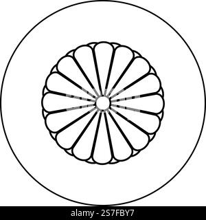 Wappen Japans nippon imperiales Siegel zentrale Scheibe mit 16 Blütenblättern nationales Emblem Icon im Kreis rund schwarz Farbe Vektor Illustration Bild Umriss Kontur Linie dünn Stil einfach. Wappen Japans nippon imperiales Siegel zentrale Scheibe mit 16 Blütenblättern nationales Emblem Icon im Kreis rund schwarz Farbe Vektor Illustration Bild Umriss Kontur Linie dünner Stil Stock Vektor