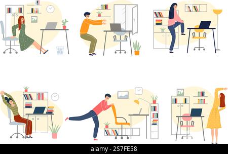 Übungen am Arbeitsplatz. Freiberufler machen Sport Übungen am Arbeitsplatz gesunde Unternehmen aktive Zeit neue Vektor Cartoon Menschen tun Übung am Arbeitsplatz Illustration. Übungen am Arbeitsplatz. Freelancer machen Sport Übungen am Arbeitsplatz gesunde Unternehmen aktive Zeit neue Vektor Cartoon Menschen Stock Vektor
