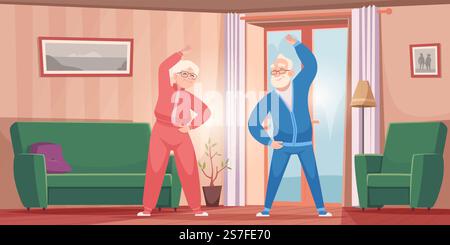 Der Tagesablauf im Alter. Rentner machen Hausübungen ältere Leute exakte Vektor-Hintergrundvorlage der älteren Übung für ältere Illustration. Der Tagesablauf im Alter. Rentner, der nach Hause geht, Übungen für ältere Leute exakte Vektor-Hintergrundvorlage Stock Vektor