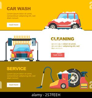 Banner für Autowaschanlagen. Horizontale Vorlage mit Autos und Reinigungsservice Waschvektorvorlagen der Autowaschbanner Vorlage Illustration. Banner für Autowaschanlagen. Horizontale Schablone mit Autos und Reinigungsservice Waschvektorschablonen Stock Vektor