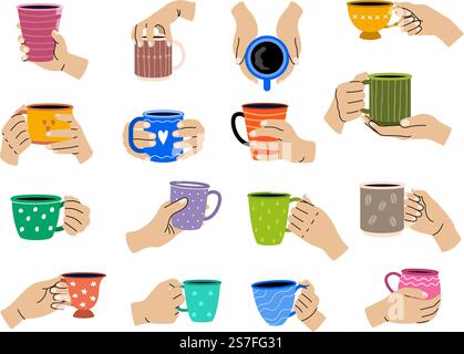 Haltebecher. Heiße Tassen in den Händen aktuelle Vektor-Teezeit-Konzept-Illustrationen. Illustration: Trinken Sie einen heißen Becher mit Kaffee. Haltebecher. Heiße Tassen in den Händen aktuelle Vektor-Teezeit-Konzept-Illustrationen Stock Vektor