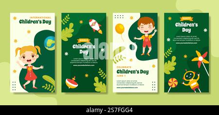 Happy Children Day Social Media Stories Flat Cartoon Handgezeichnete Vorlagen Hintergrund Illustration Stock Vektor