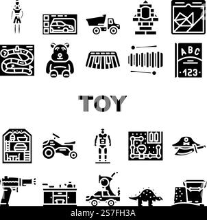 Spielzeug Kind Baby Spiel Symbole setzen Vektor. Kinderspiel, Autobär, Blockgeschenk, süßer Teddy, Holzkinder, Roboter Plüschtier, Ball Bildung, Objekt Spielzeug Kind Baby Spiel Glyph Piktogramm Illustrationen. Spielzeug Kind Baby Spiel Symbole setzen Vektor Stock Vektor