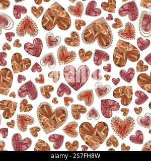 Nahtloses Muster mit sonnigem orangefarbenen Kristallherz. Aquarellhintergrund Illustration Vorlage für Hochzeit Design, Valentinstag Gruß, Tapete, Stockfoto