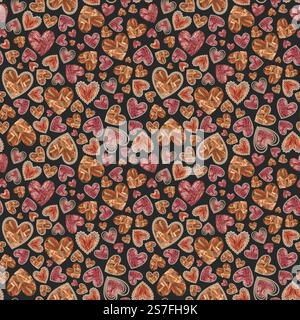 Nahtloses Muster mit sonnigem orangefarbenen Kristallherz. Aquarellhintergrund Illustration Vorlage für Hochzeit Design, Valentinstag Gruß, Tapete, Stockfoto