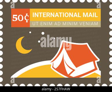 Postkarte oder Poststempel mit nächtlichem Campingplatz, Zelt und hellen Sternen. Reisen und schlafen unter dem Himmel. Postkarte oder Marke mit Preis, Post und Korrespondenz. Vektor in abgewickelter Form. Internationale Post, Post und Express Stock Vektor