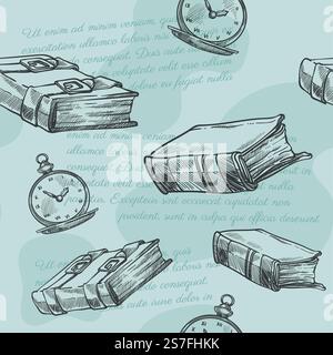 Alte oder antike Bücher mit Gürtel und Uhr. Literatur und Freizeit, Lesen und Schreiben von Gedichten. Uhr und Publikationen. Nahtloser Musterdruck oder Hintergrundhintergrund. Vektor in abgewickelter Form. Vintage-Bücher und Armbanduhr, nahtloses Muster Stock Vektor