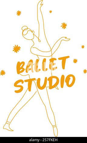 Balltanz-Center oder Ballettstudioschule zum Lernen und Üben von Bewegungen. Isolierte Tänzerin in minimalistischen Linien. Werbung oder Logo, Sport und Hobby. Vektor in abgewickelter Form. Ballettstudio, minimalistisches Logo für Balltanz Stock Vektor