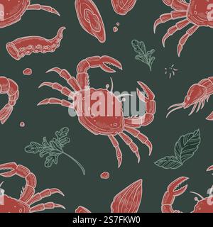 Krabben und Kraken, Austern und Weichtiere serviert mit grünen Kräutern. Leckere Meeresfrüchte im Restaurant oder Geschäft, Geschäft oder Café mit Delikatessen. Nahtloses Muster, Druck oder Hintergrund. Vektor in abgewickelter Form. Meeresfrüchte serviert mit Kräutern, Krabben und Kraken-Vektor Stock Vektor