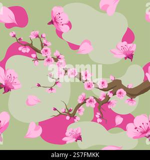 Kirschbaumzweige mit Blütenblättern, blühender Sakura. Blütenblätter und Zweige mit Blüten. Orientalisches Botanik- und Dekorationsmotiv. Nahtloses Muster, Druck oder Hintergrund. Vektor in abgewickelter Form. Sakura-Blüte, Kirschzweige mit Blütenblättern Stock Vektor