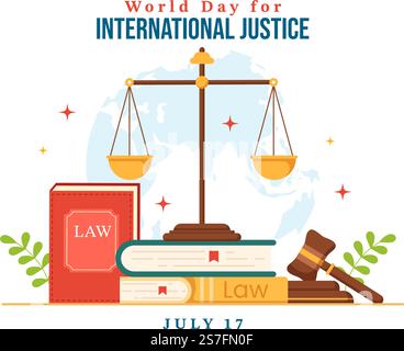 Vektordarstellung zum Internationalen Tag der Gerechtigkeit mit Erde, Waage oder Hammer in flachem Cartoon Hand Drawn to Landing Page Templates Stock Vektor