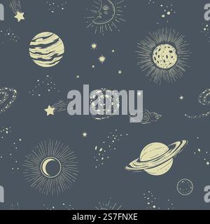 Planeten und Sterne, alte Himmelskörper am Himmel. Mondsichel und Sternenhimmel mit leuchtenden Figuren und Formen. Stardust nahtloses Muster oder Hintergrundtapete. Vektor in abgewickelter Form. Vintage Himmelskörper am Himmel, Planeten und Sterne Stock Vektor