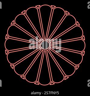 Neon Wappen von Japan nippon Imperial Siegel zentrale Scheibe mit 16 Blütenblättern nationales Emblem rote Farbe Vektor Illustration Bild flache Art Licht. Neon Wappen von Japan nippon Imperial Siegel zentrale Scheibe mit 16 Blütenblättern nationales Emblem rote Farbe Vektor Illustration Bild flach Stil Stock Vektor