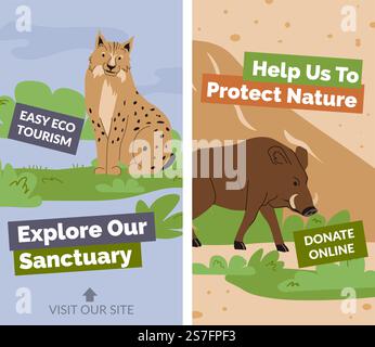 Helfen Sie uns, die Natur zu schützen, den Ökotourismus zu erleichtern. Erkunden Sie unser Schutzgebiet mit wilden Tieren und spenden Sie online. Wildnis Flora und Fauna im Park oder Naturschutzgebiet. Werbebanner. Vektor in abgewickelter Form. Erkunden Sie unser Schutzgebiet für wilde Tiere und Banner Stock Vektor