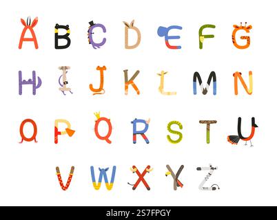 Schrift-Alphabet-Design mit farbenfrohem Tierkonzept. Typografie-Elemente mit wilden Säugetieren, Vektor-Illustration. Schriftsatz mit Naturdekoration, kreative Buchstaben für Kinderliteratur. Schrift-Alphabet-Design mit farbenfrohem Tierkonzept Stock Vektor