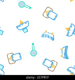 Badezimmer Bad Ausrüstung Hygiene Vektor nahtlose Muster dünne Linie Illustration. Badezimmer Badausstattung Hygiene Vektor nahtloses Muster Stock Vektor