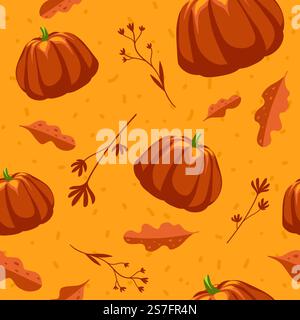 Reife Kürbisse und herbstliches trockenes Laub und fallende Blätter. Saisonale Dekoration und Design. Kräuter und Blumen, Stiele und Blätter. Nahtloses Muster, Druck oder Hintergrund. Vektor in abgewickelter Darstellung. Herbstlaub und reife Kürbisse nahtloses Muster Stock Vektor